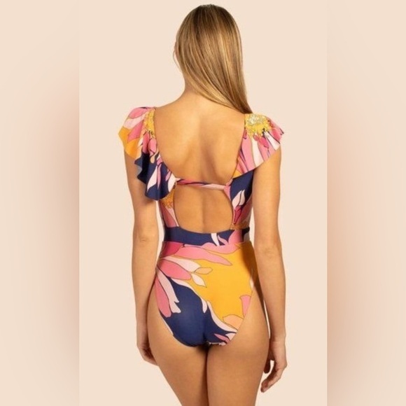 Trina Turk Breeze Ruffle One Piece Swimsuit Navy Floral size 14 - Picture 2 of 6